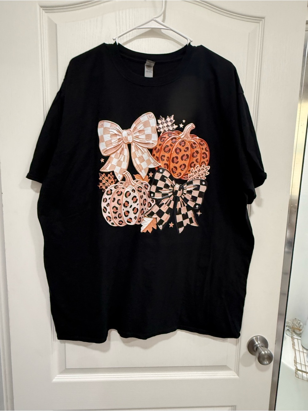 Gildan Black Tee with Orange & Pink Leopard Pumpkins and Bows